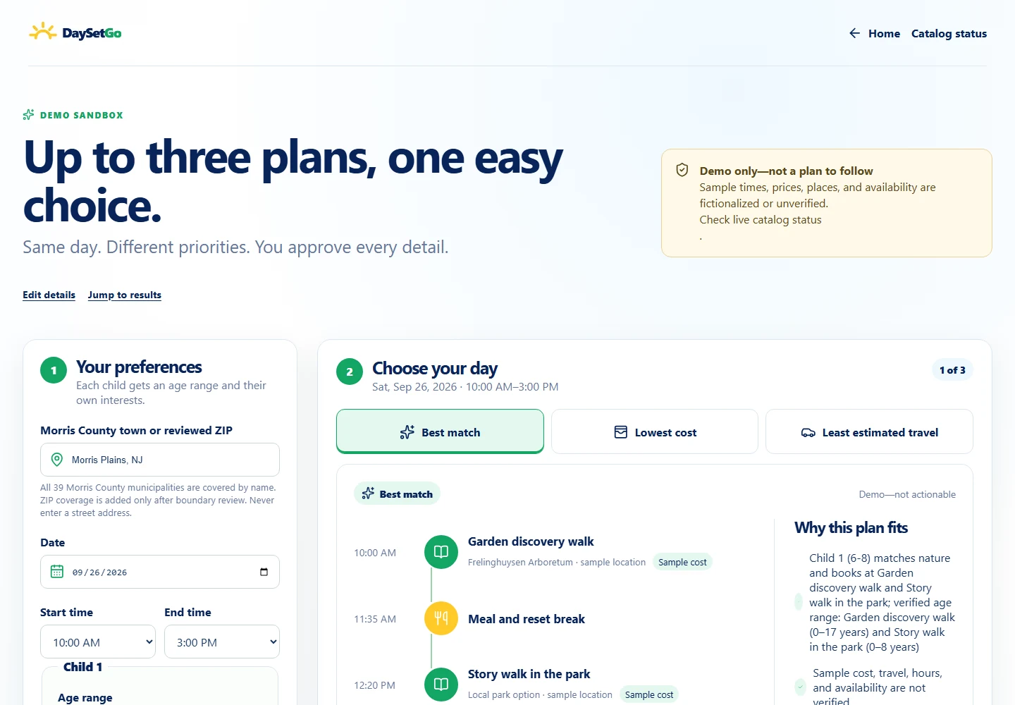 DaySetGo public demo with sample day plans and preference controls