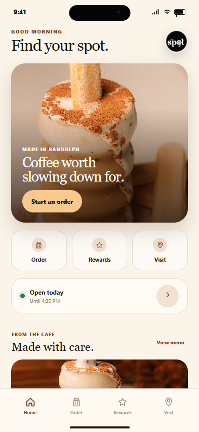 The Spot Cafe iOS prototype home screen