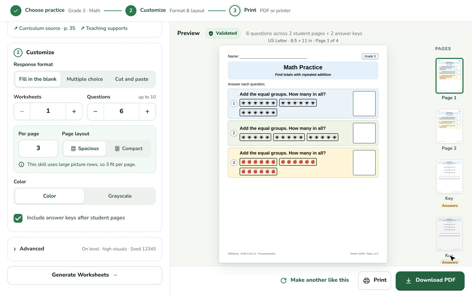 SkillSprout worksheet builder with a validated preview